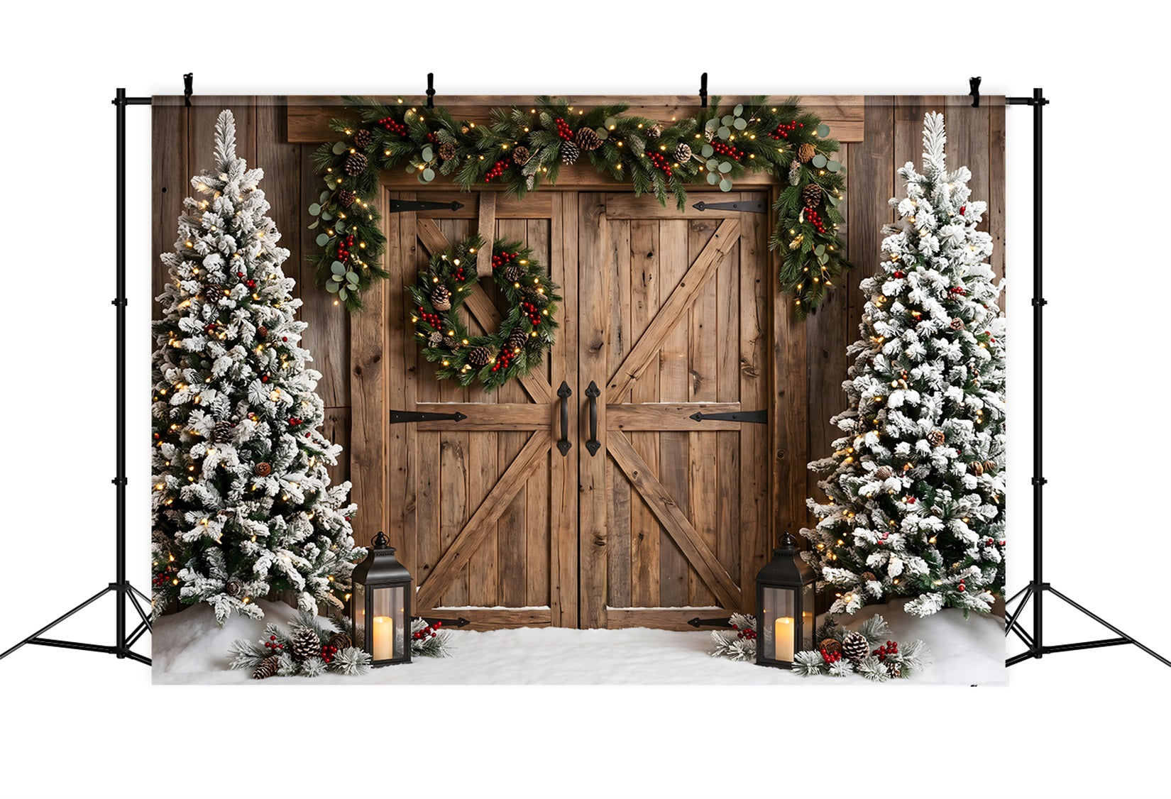 Rustikale Winter Szene Schnee Scheunentür Kranz Bäume Studio CEM65-149