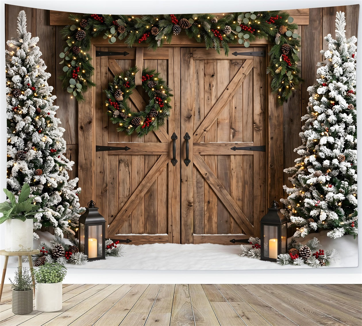 Rustikale Winter Szene Schnee Scheunentür Kranz Bäume Studio CEM65-149