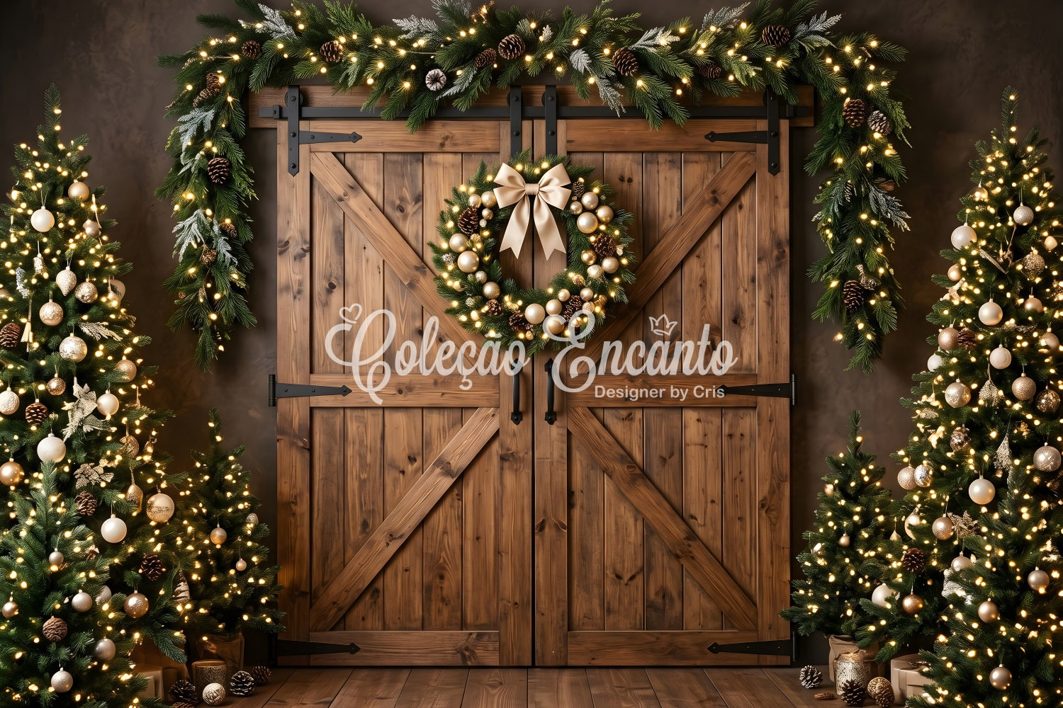 Scheune Tür Szene Gold Kranz Holz Bäume Fotografie Weihnachten CEM65-152