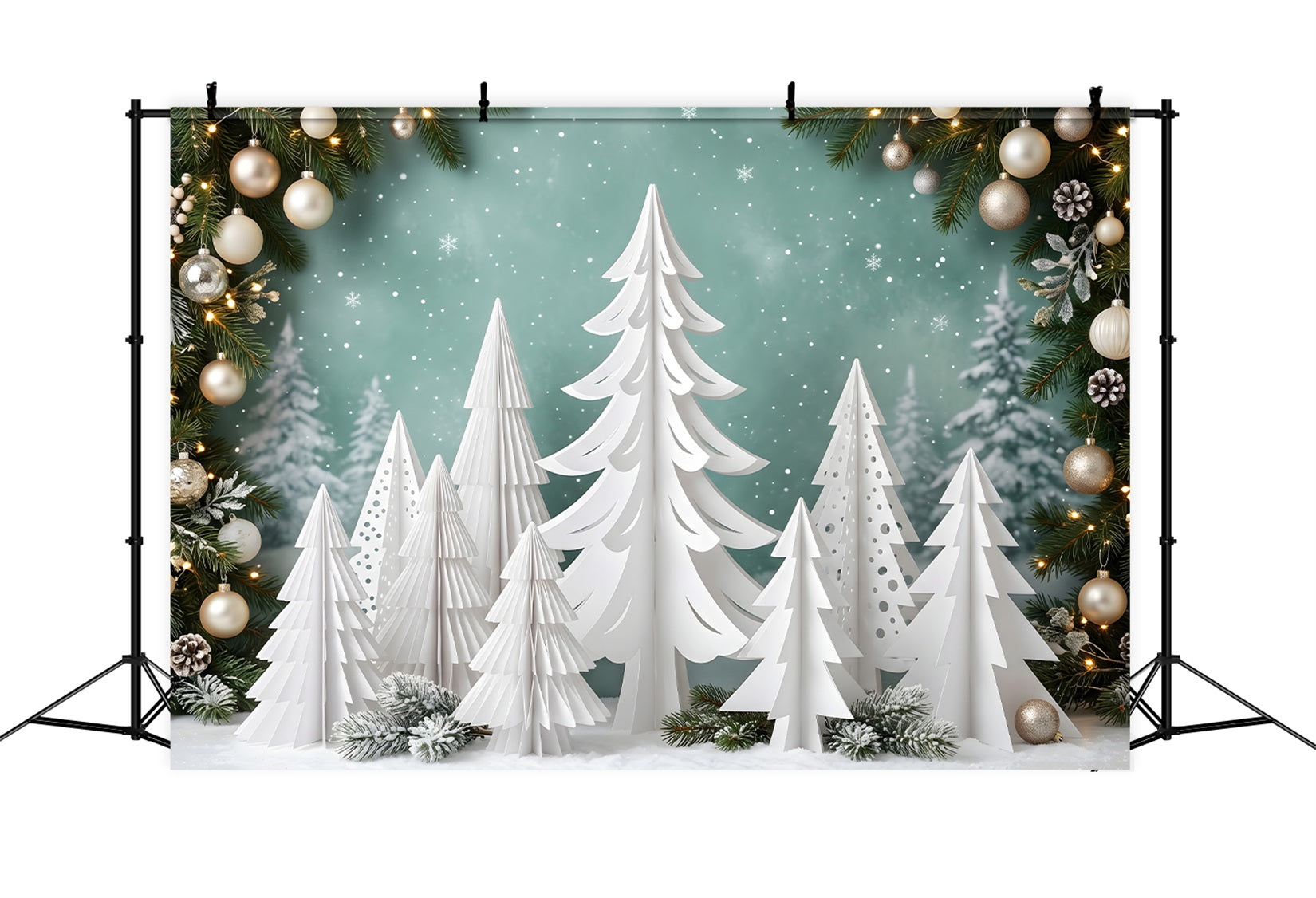 Fotohintergrund Weiß Papier Kiefer Wald Ornamente Winter CEM65-154