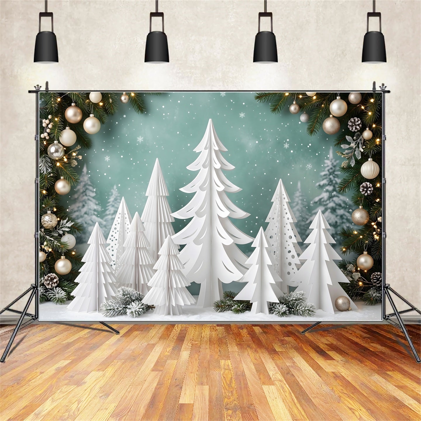 Fotohintergrund Weiß Papier Kiefer Wald Ornamente Winter CEM65-154