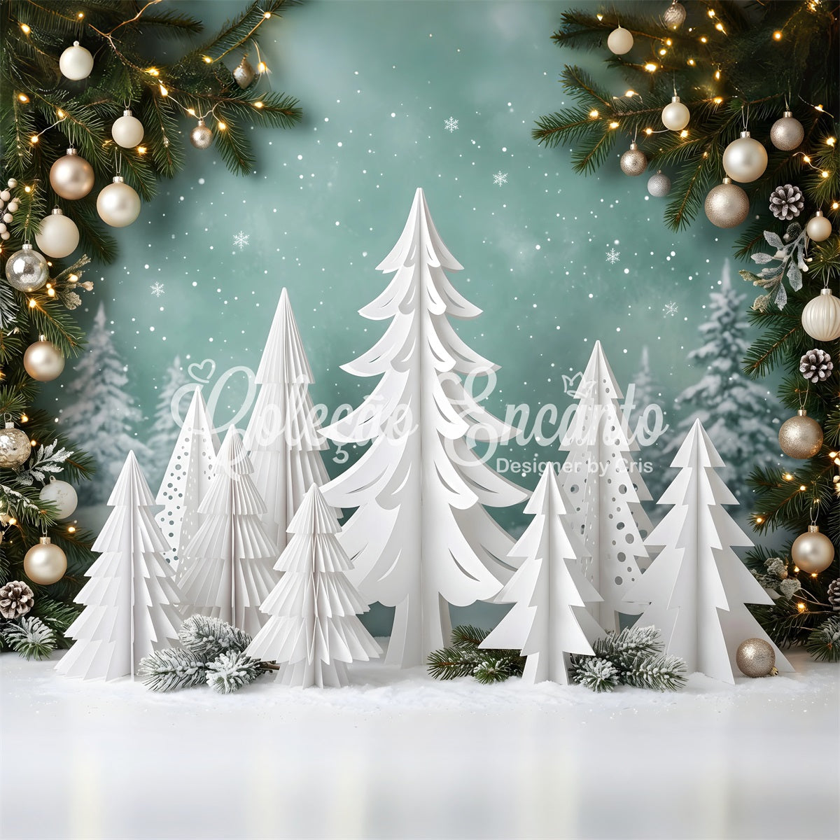 Fotohintergrund Weiß Papier Kiefer Wald Ornamente Winter CEM65-154