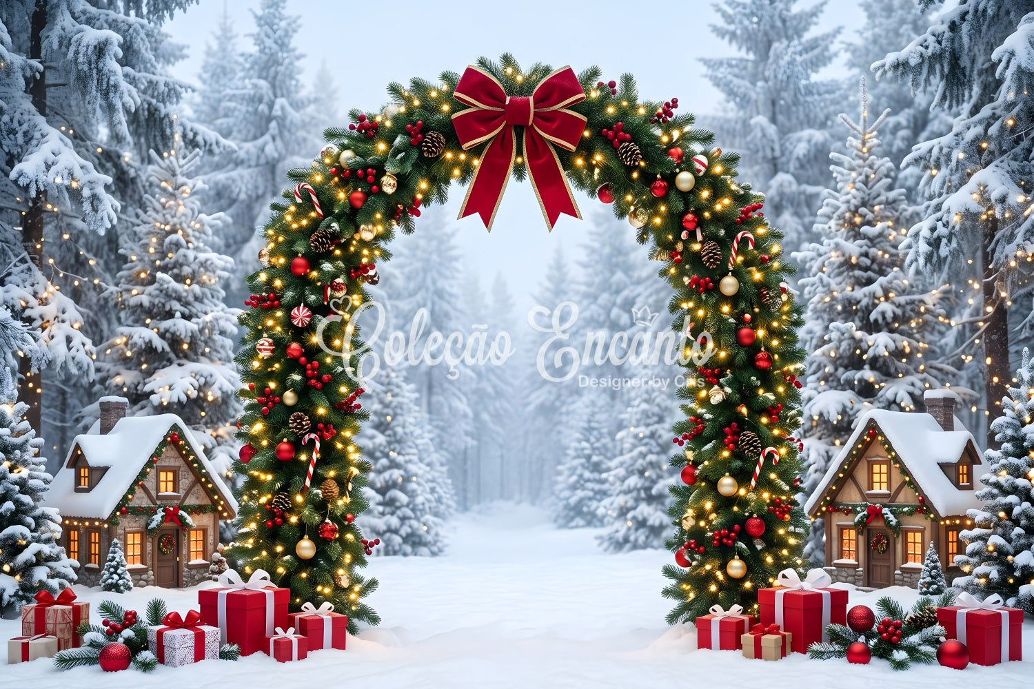 Winter Dorf Szene Schnee Wald Girlande Bogen Fotografie CEM65-158