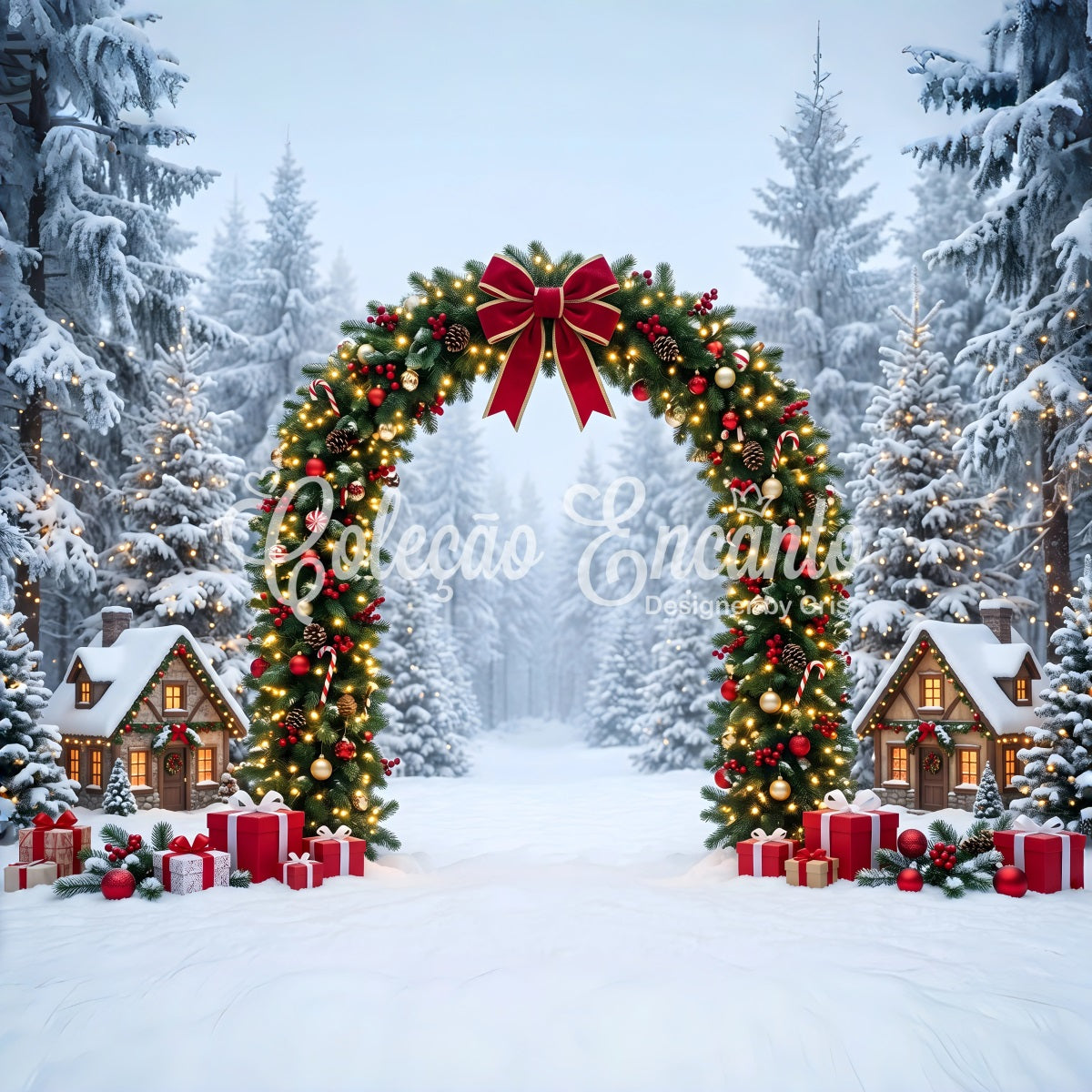Winter Dorf Szene Schnee Wald Girlande Bogen Fotografie CEM65-158