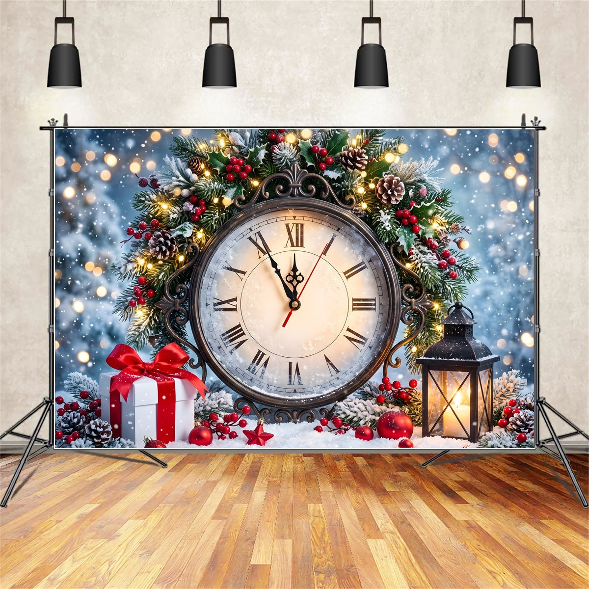 Vintage Fotobox Szene Uhr Stechpalme Laternen Weihnachten CEM65-159