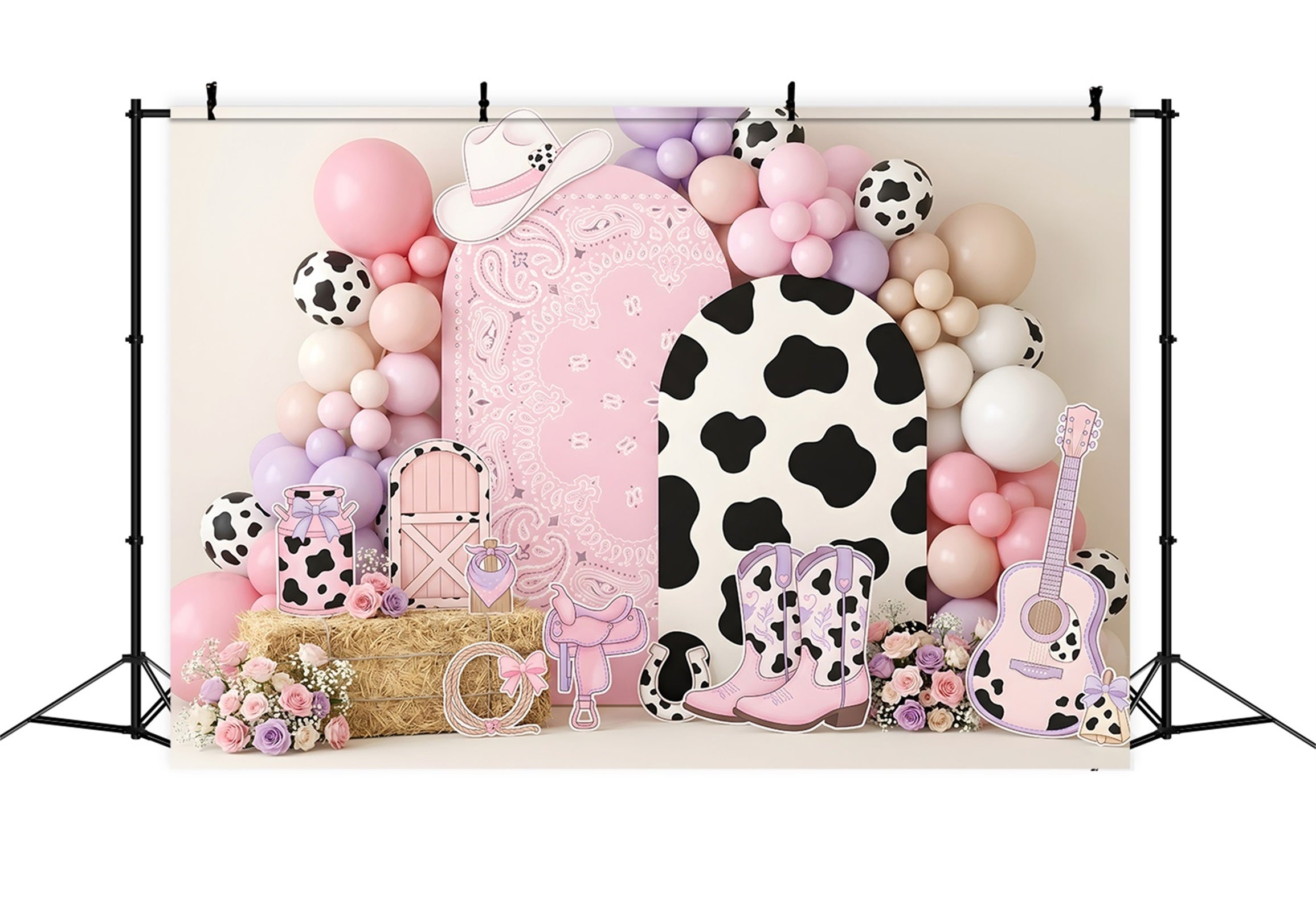 Rosa Cowgirl Kuhflecken Ballons Baby Fotohintergrund Kinder Hintergrund CEM65-16