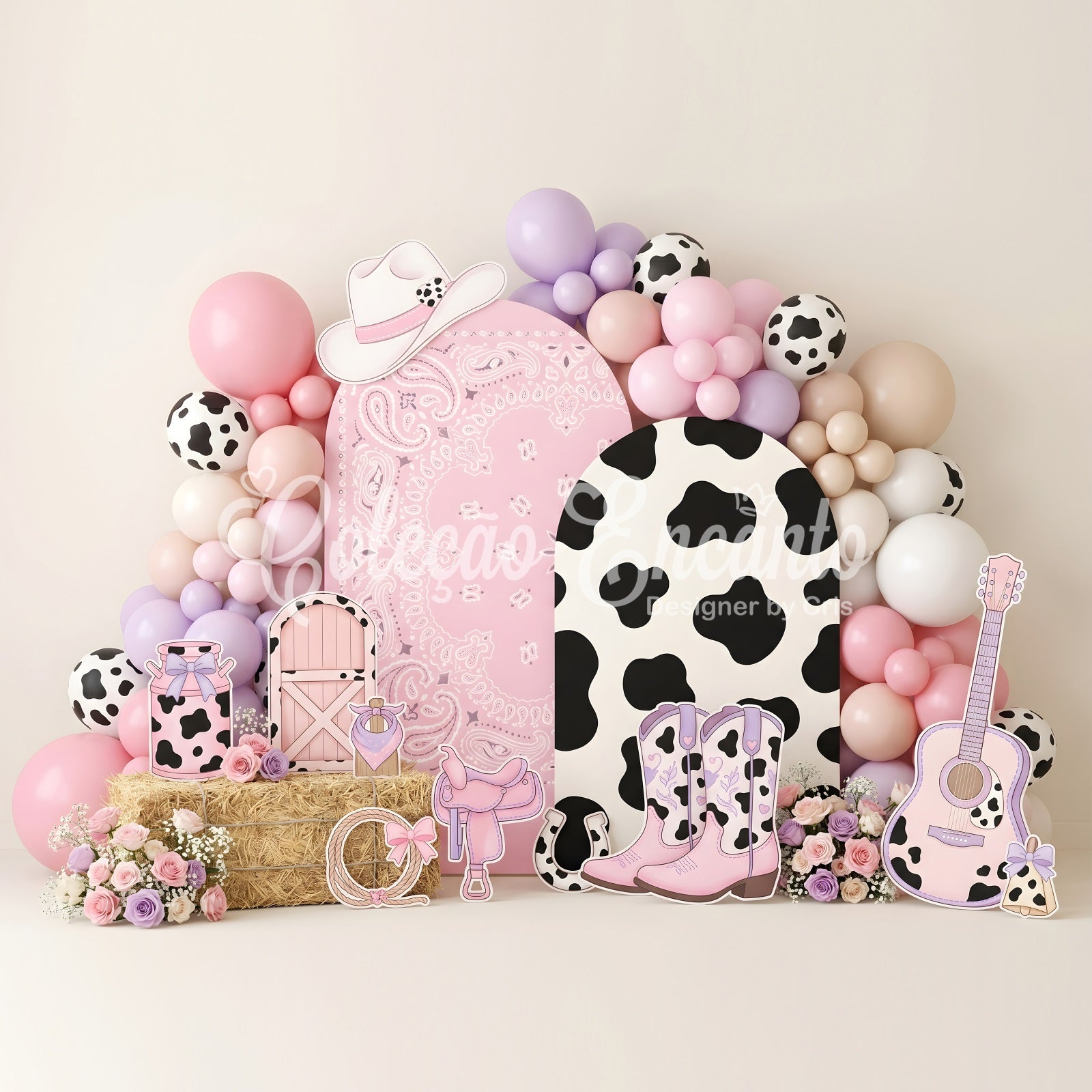 Rosa Cowgirl Kuhflecken Ballons Baby Fotohintergrund Kinder Hintergrund CEM65-16