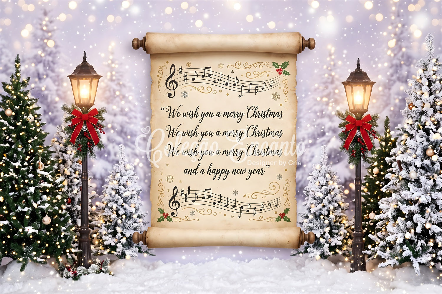 Vintage Weihnachts Szene Schriftrolle Schnee Laternen Winter CEM65-160