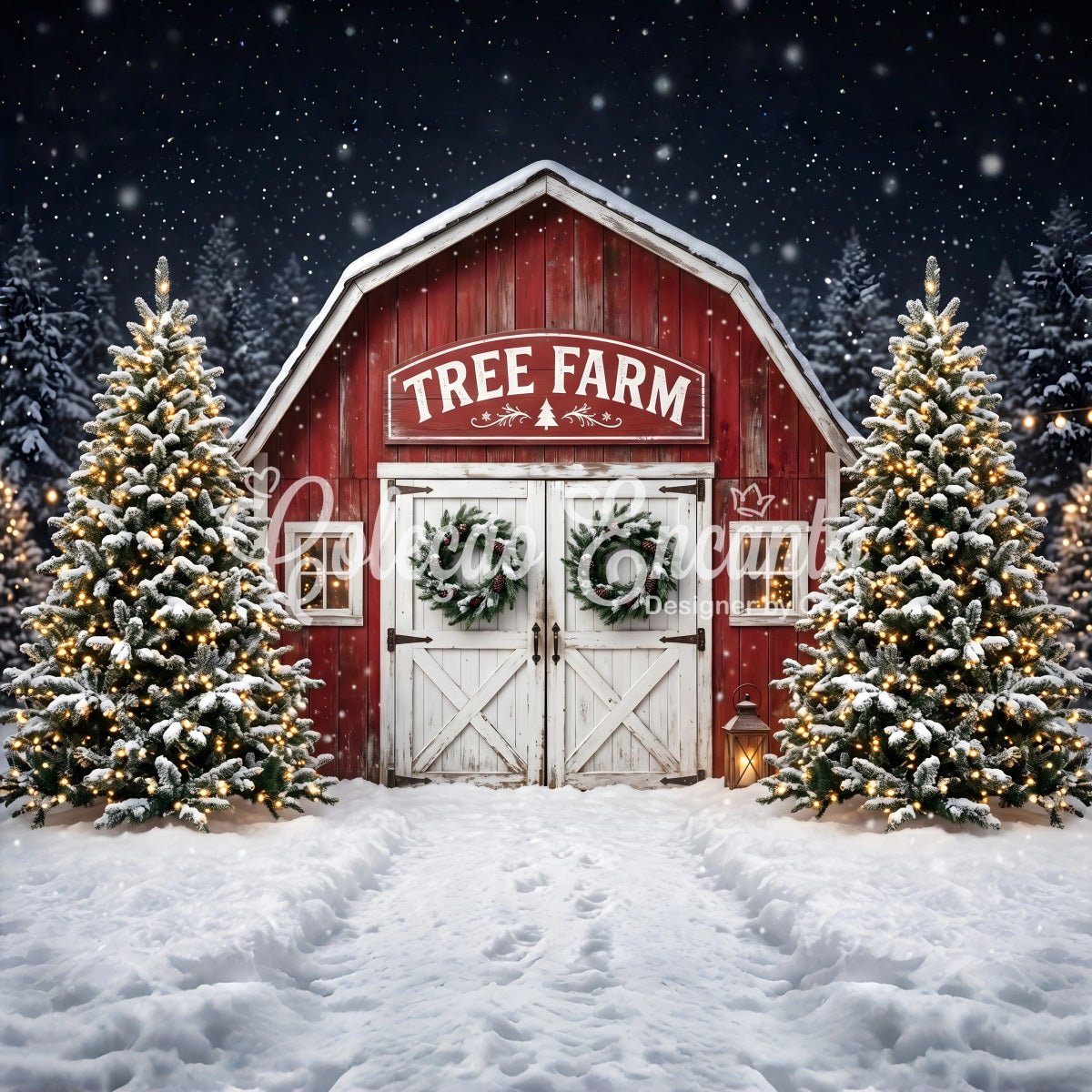 Schneefarm Szene Scheune Eingang Winter Bäume CEM65-166