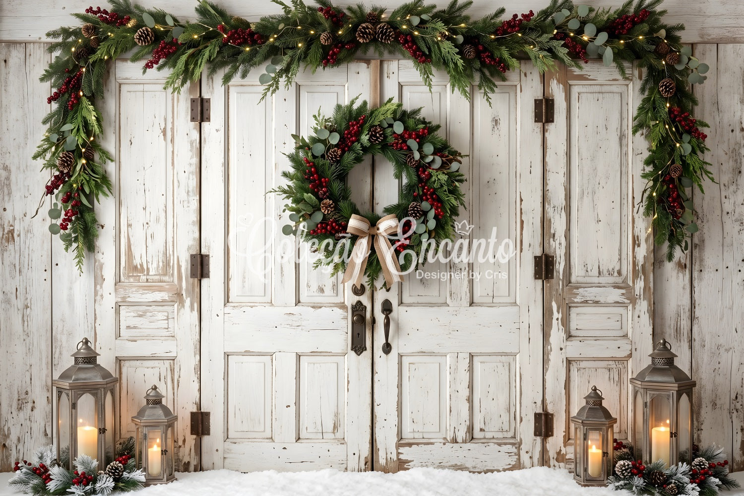 Vintage Tür Szene 10x20 Schleife Kranz Weihnachten CEM65-187