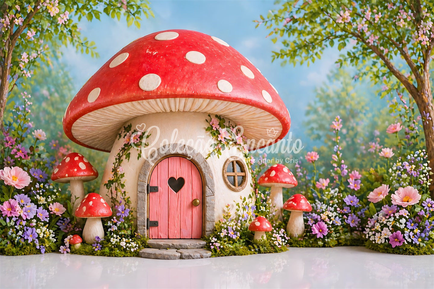 Zauberhafte Pilzhütte Blumen Baby Fotohintergrund Kinder Hintergrund CEM65-19