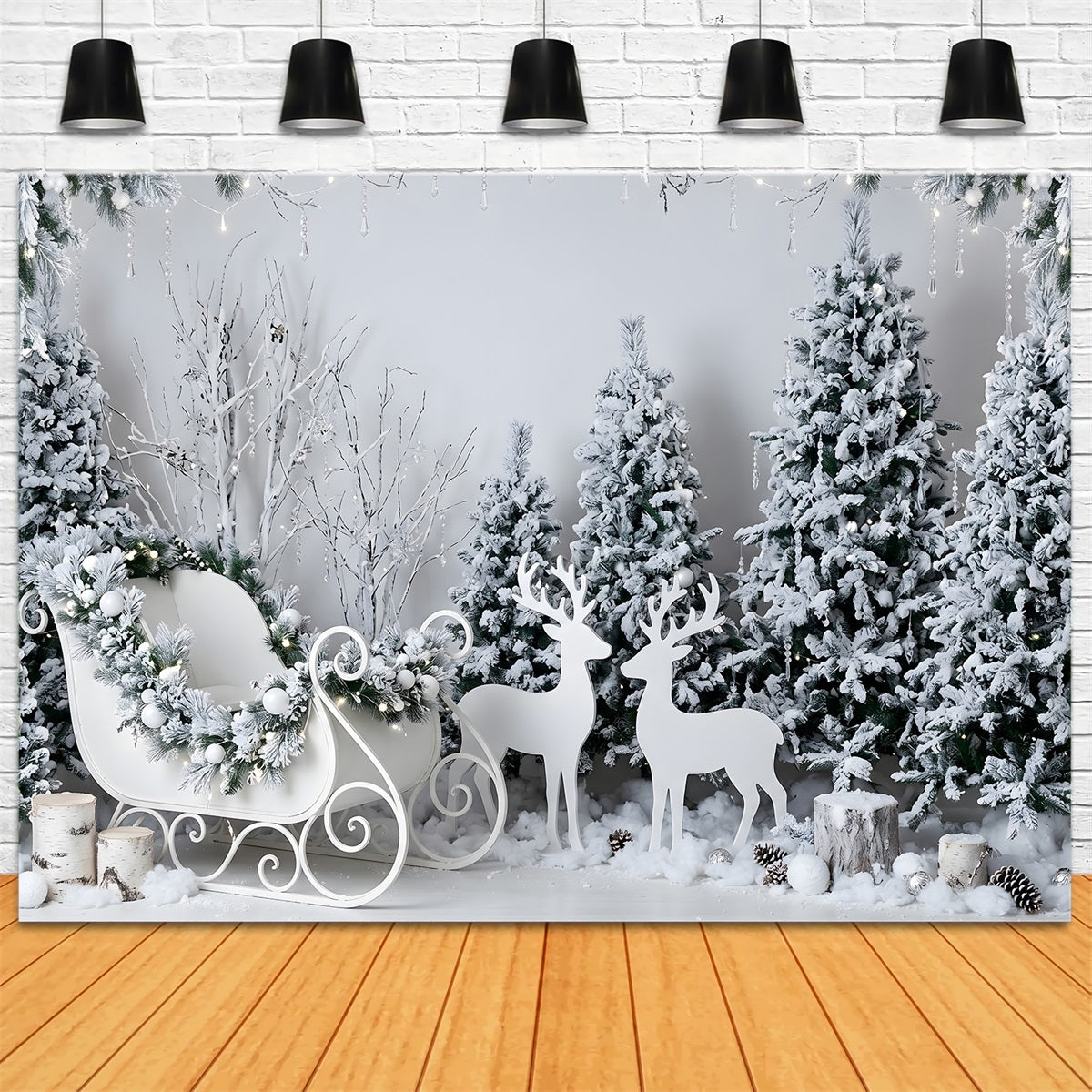 Winter Weiß Fotohintergrund Frost Schlitten Rentier Wald Szene Fotografie CEM65-190