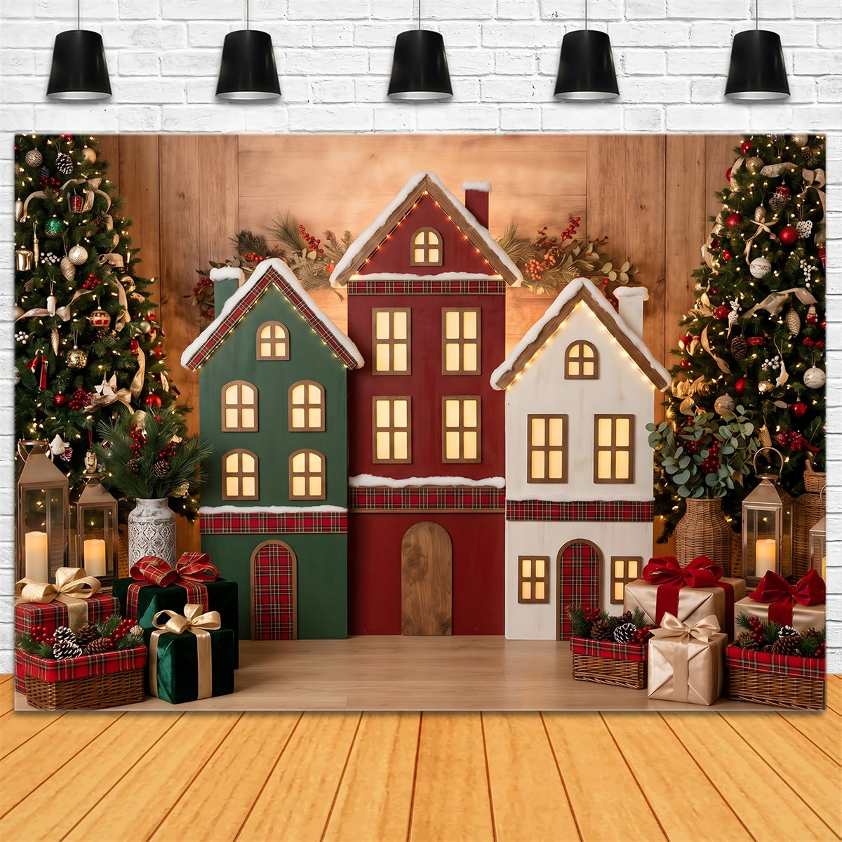 Karo Dorf Szene Häuser Lichter Ornament Winter CEM65-191