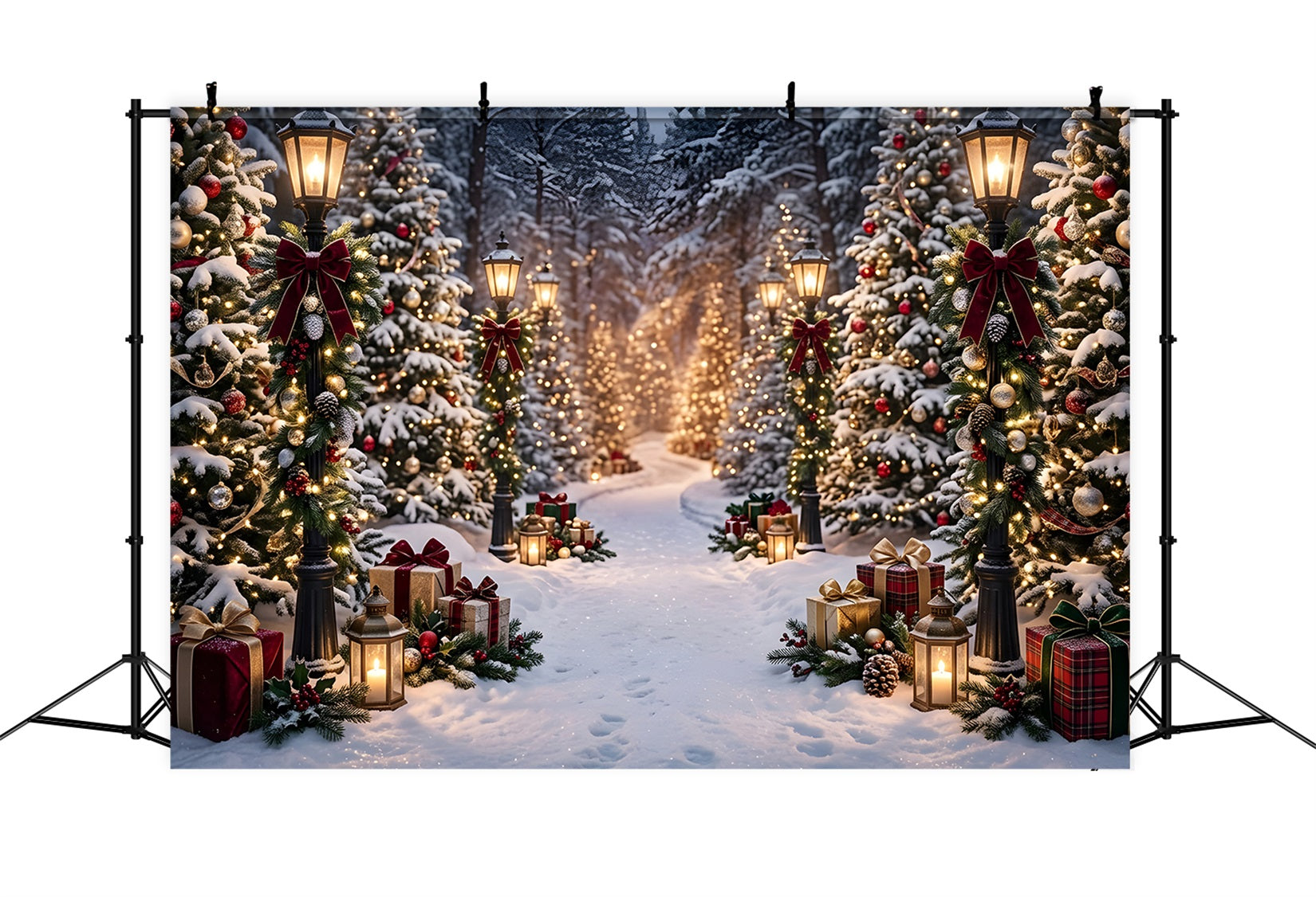 Winter Outdoor Szene Schnee Laternen Wald Geschenke Pfad Fotohintergrund CEM65-193