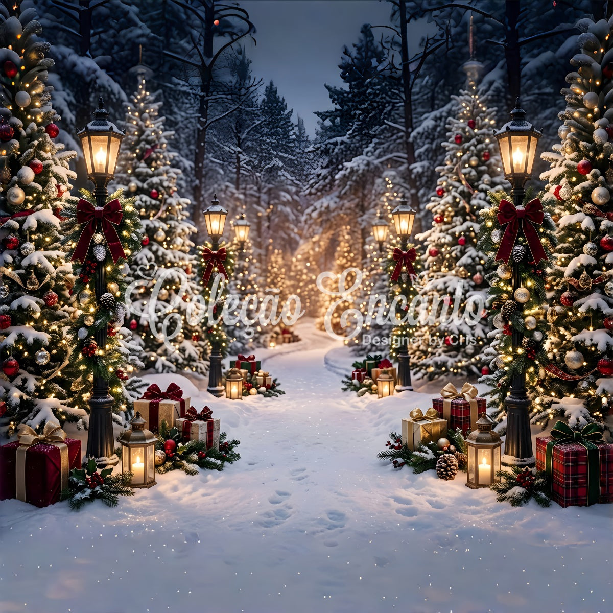Winter Outdoor Szene Schnee Laternen Wald Geschenke Pfad Fotohintergrund CEM65-193