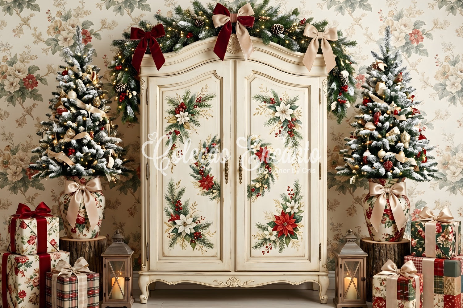 Winter Fotohintergrund Vintage Blumen Kleiderschrank Baum Szene Fotografie Weihnachten CEM65-199
