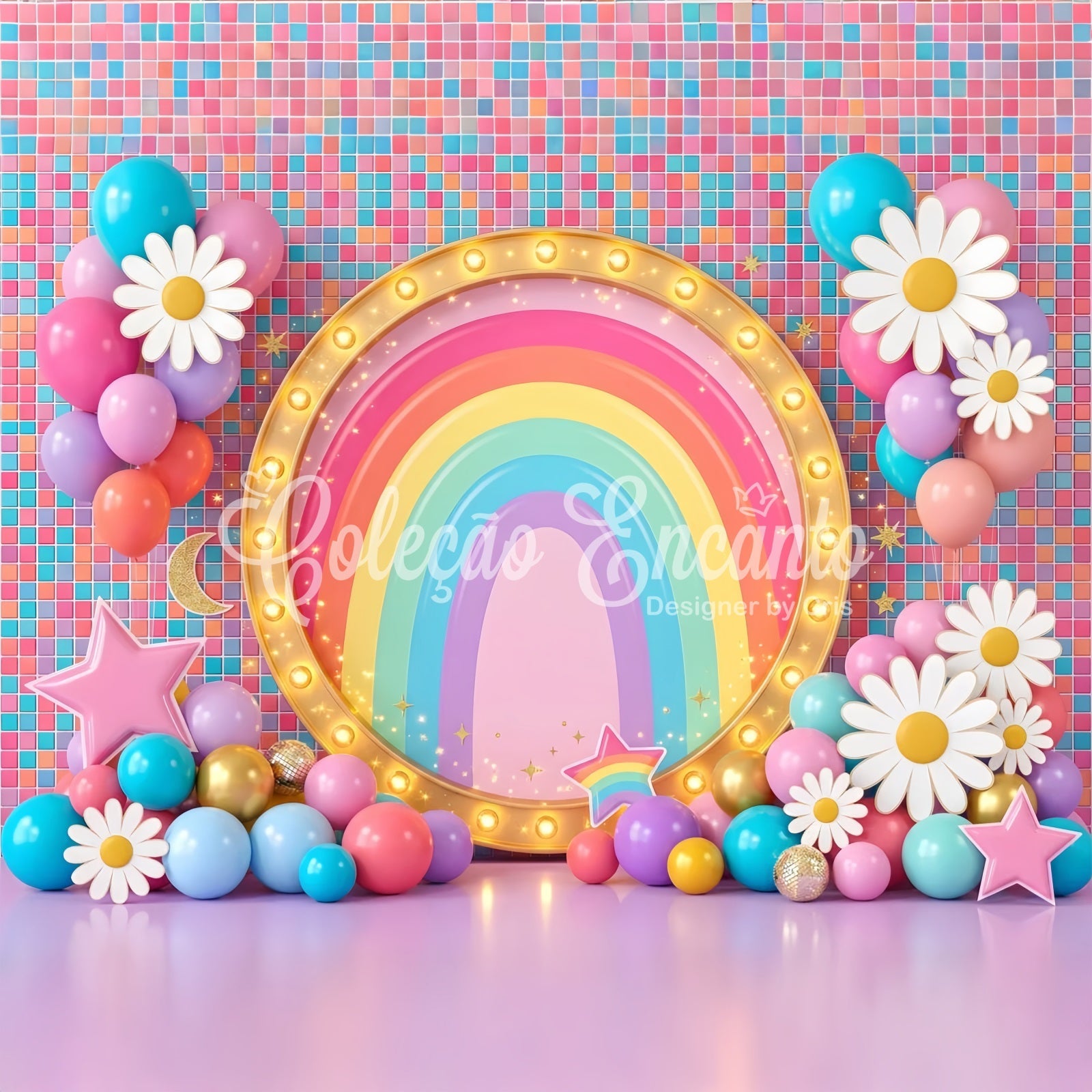 Regenbogen Leuchtschild Gänseblümchen Ballons Baby Fotohintergrund CEM65-20