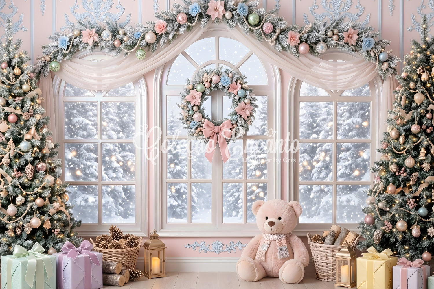 Pastell Fenster Szene Blumen Teddy rosa Winter CEM65-204