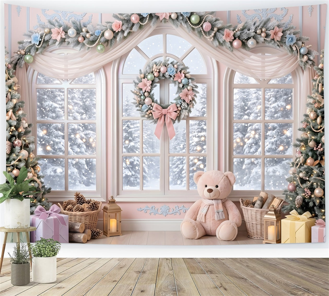 Pastell Fenster Szene Blumen Teddy rosa Winter CEM65-204