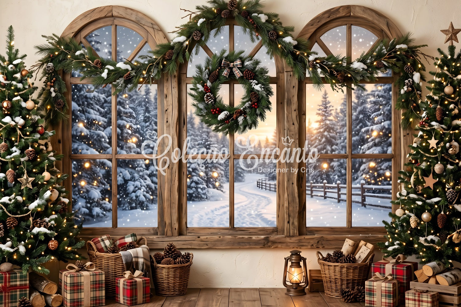 Rustikale Schnee Fenster Szene Kranz Winter CEM65-207