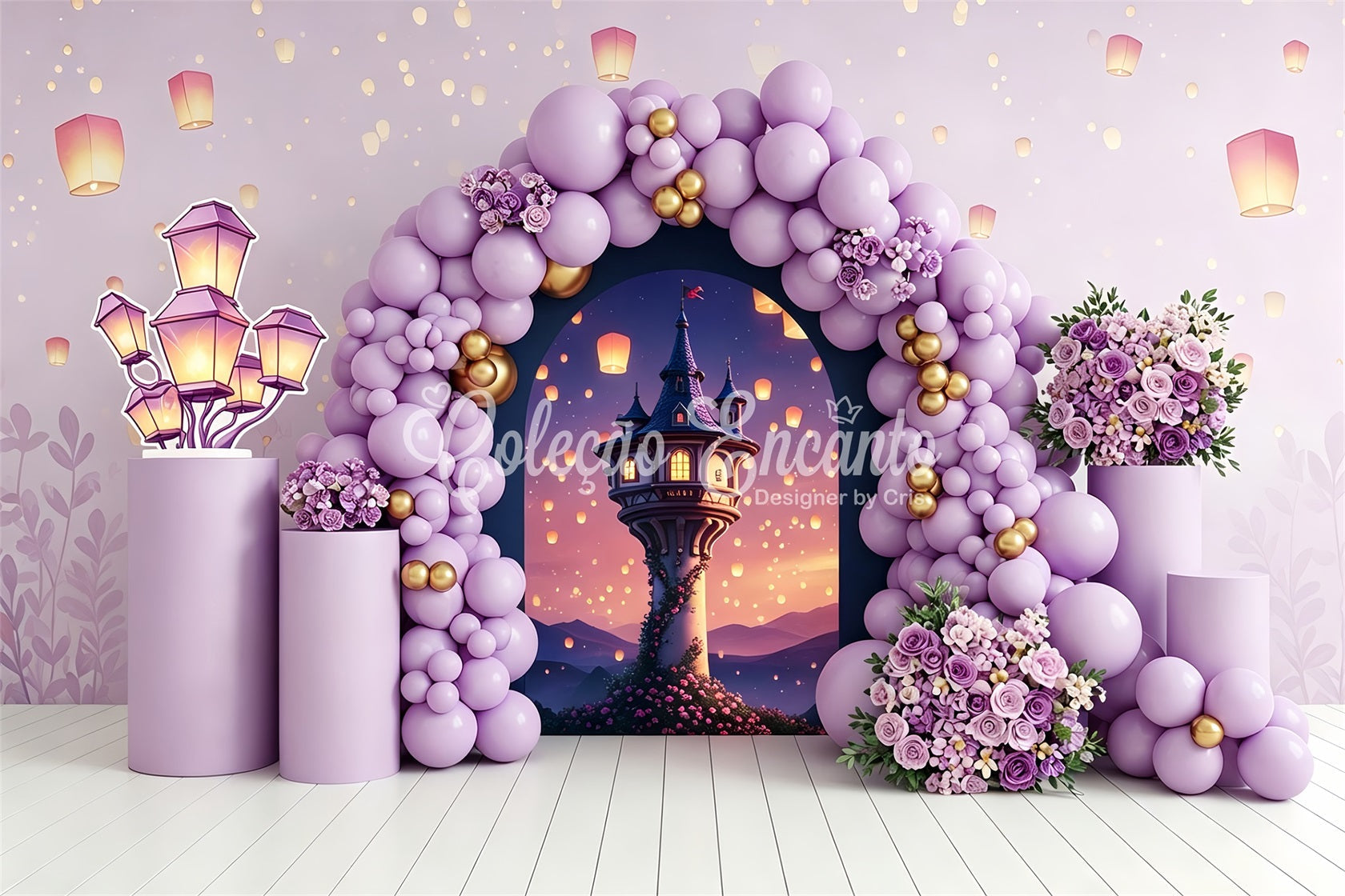 Baby Fotohintergrund Lavendel Laternen Turm Ballonbogen Kinder Hintergrund CEM65-212