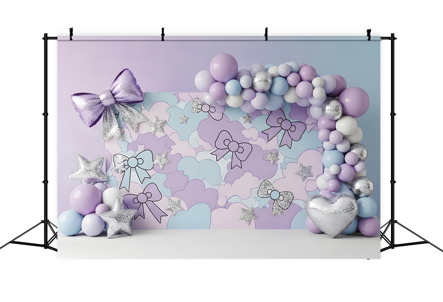 Baby Fotohintergrund Pastell Schleife Wolken Silberne Sterne Kinder Kulisse CEM65-215