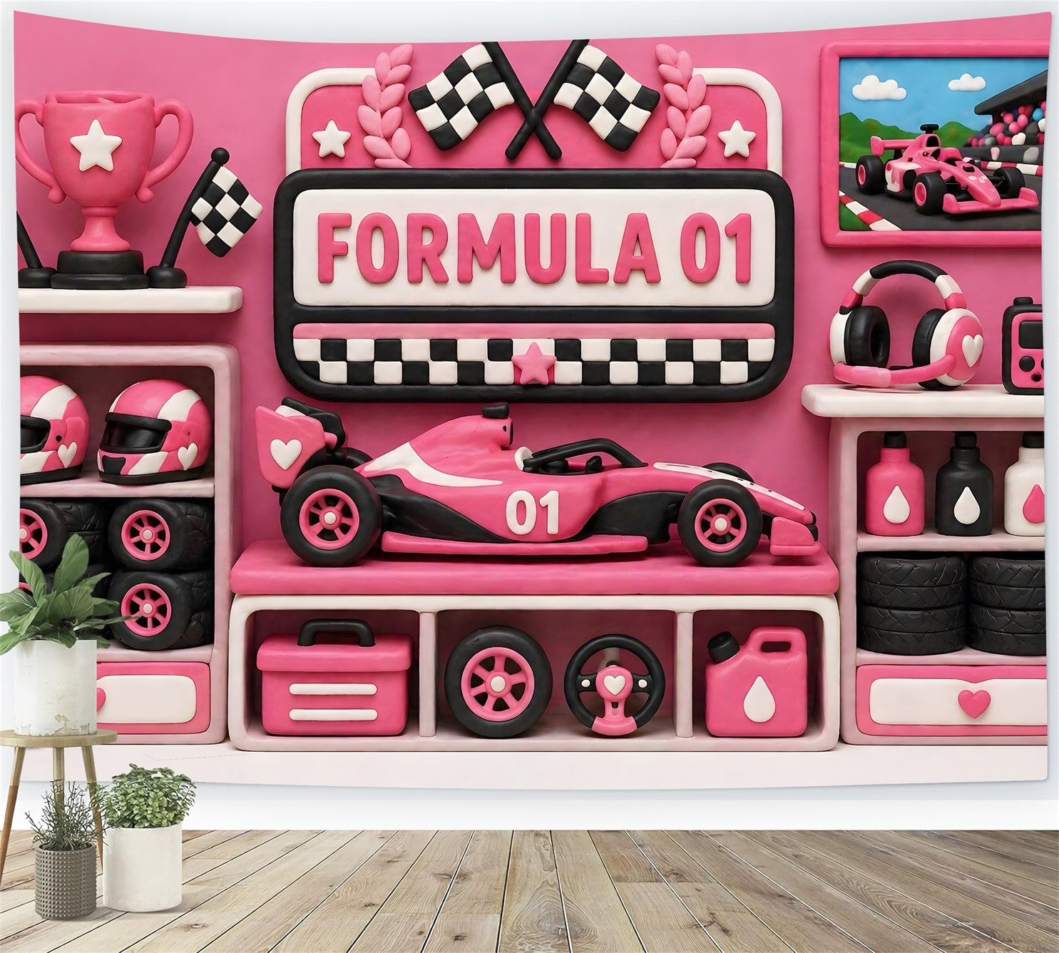 Rosa Rennsport Garage Pokale Baby Fotohintergrund Kinder Hintergrund CEM65-25