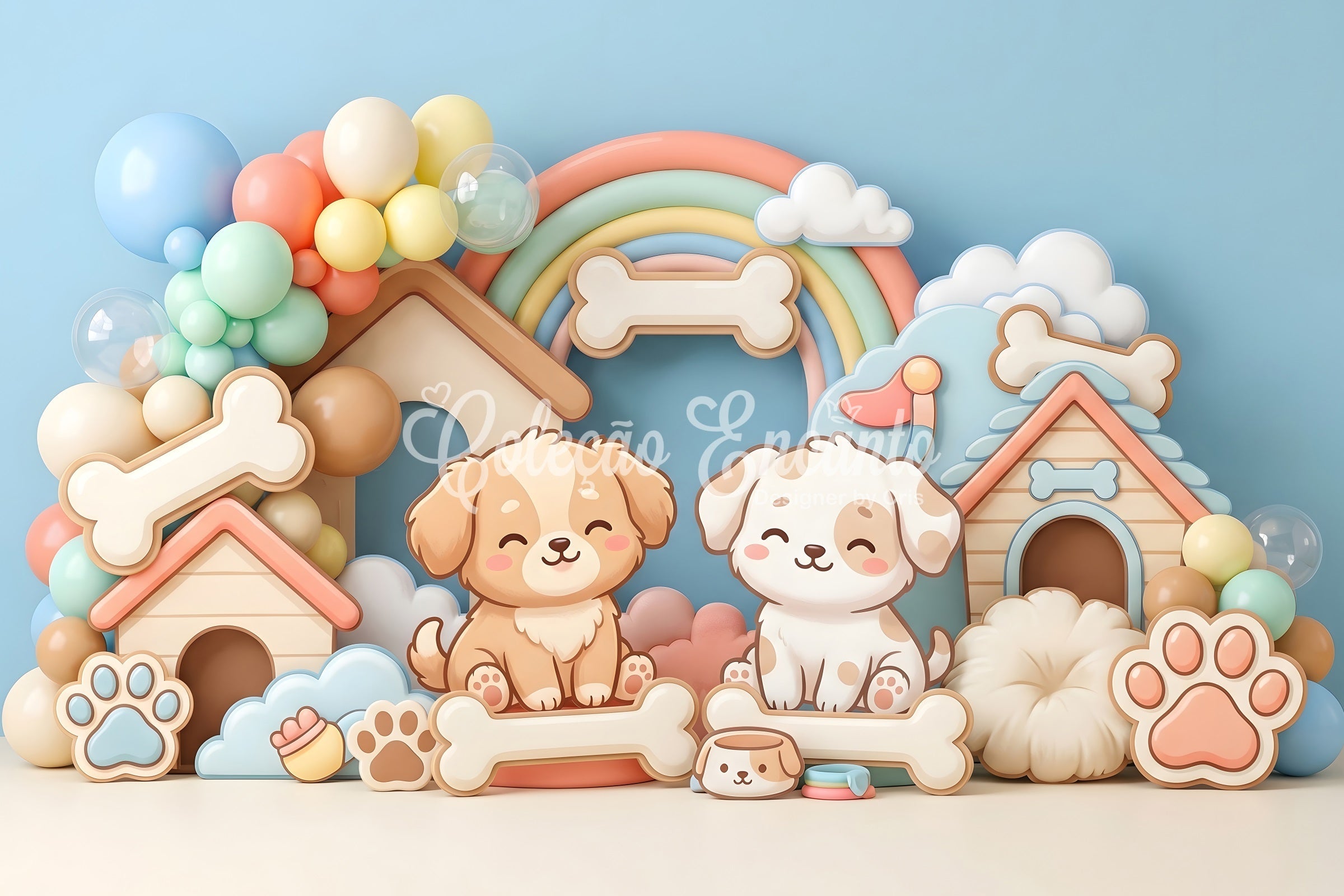 Baby Fotohintergrund Süßer Welpe Hundehütte Regenbogenballons Kinder Kulisse CEM65-32