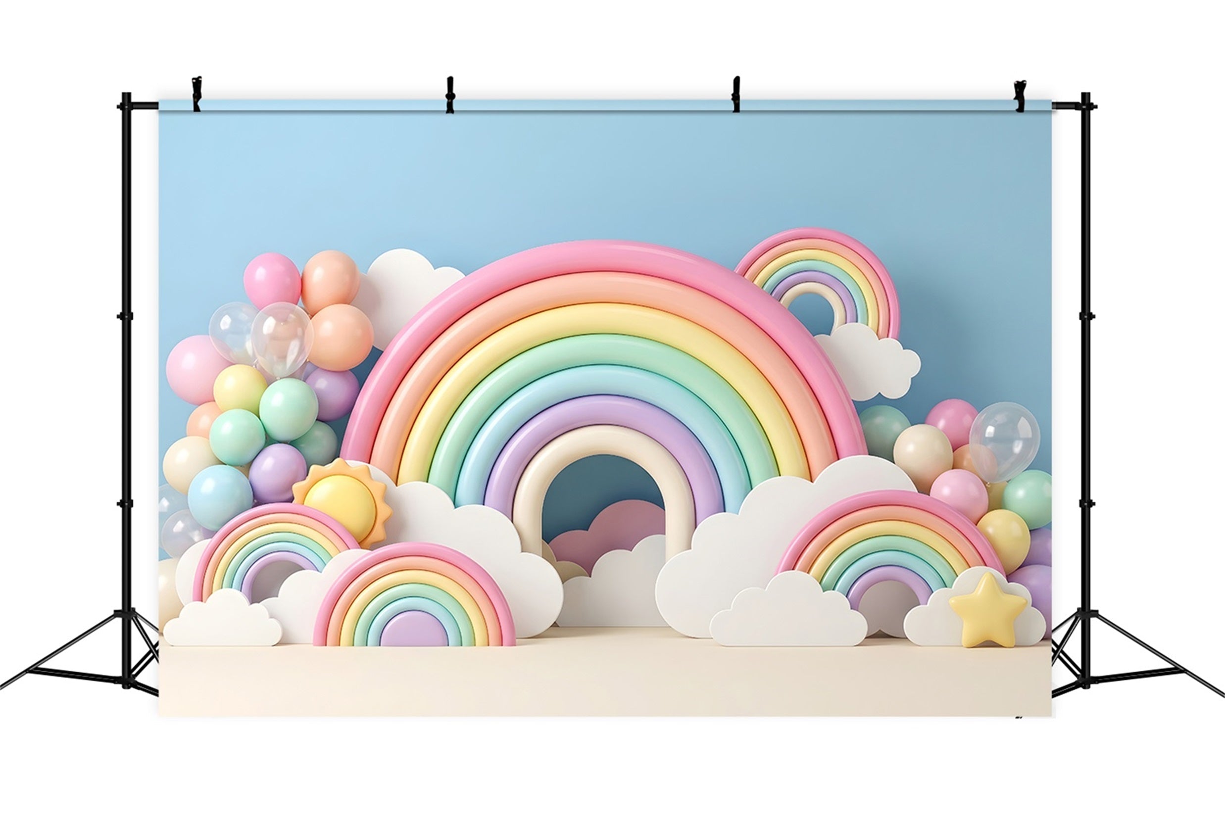 Baby Fotohintergrund Pastell Regenbogen Wolken Ballonbogen Kinder Kulisse CEM65-34