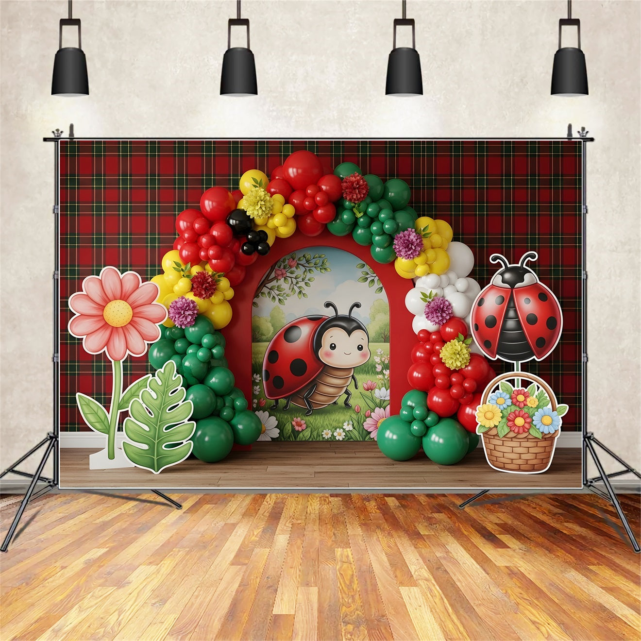 Baby Fotohintergrund Marienkäfer Blumen Ballonbogen Kinder Hintergrund CEM65-41