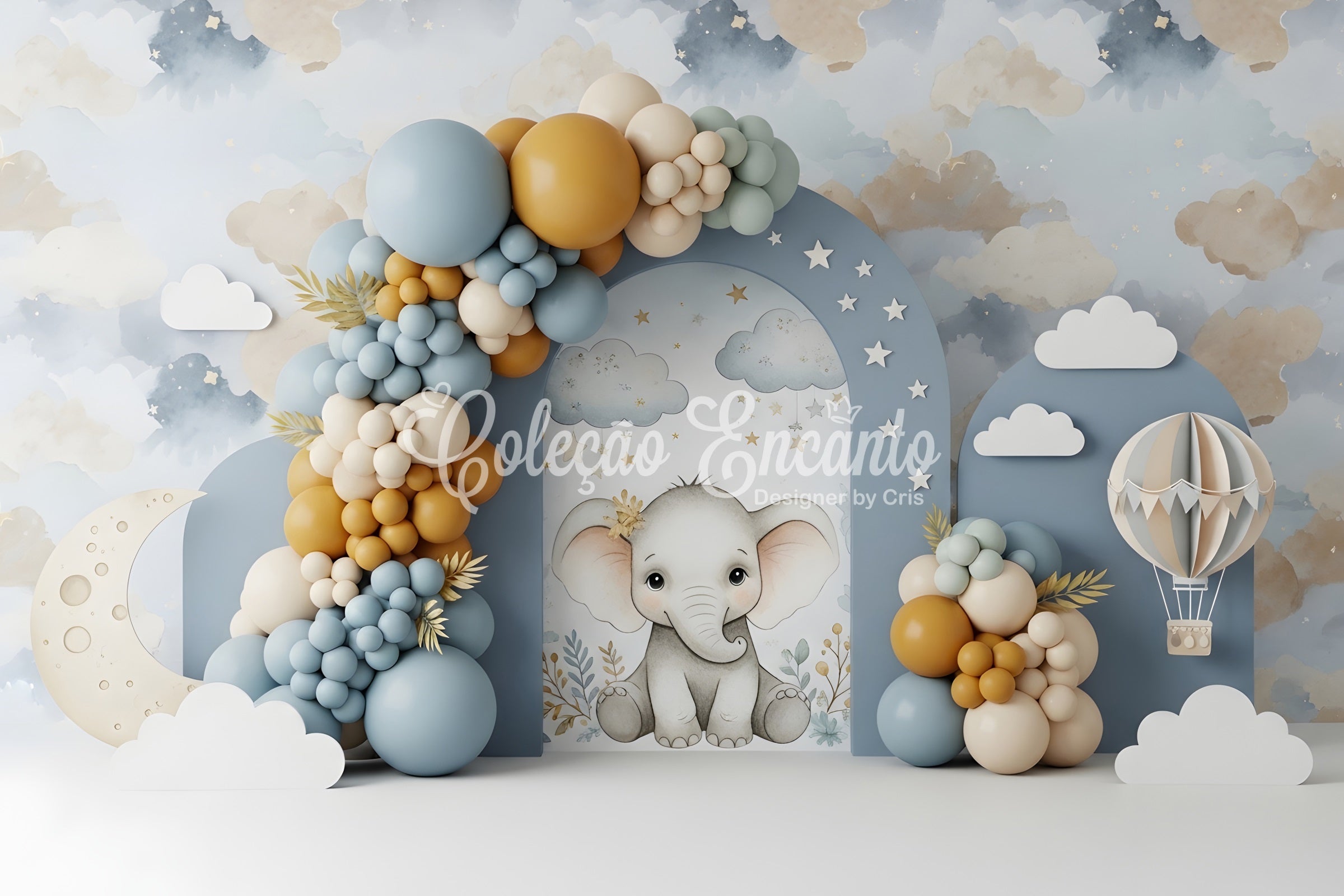 Baby Fotohintergrund Elefant Mond Wolken Ballonbogen Kinder Hintergrund CEM65-45