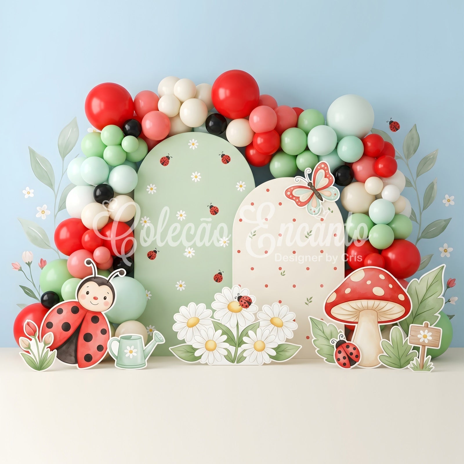 Baby Fotohintergrund Marienkäfer Gänseblümchen Pilze Ballons Kinder Kulisse CEM65-50