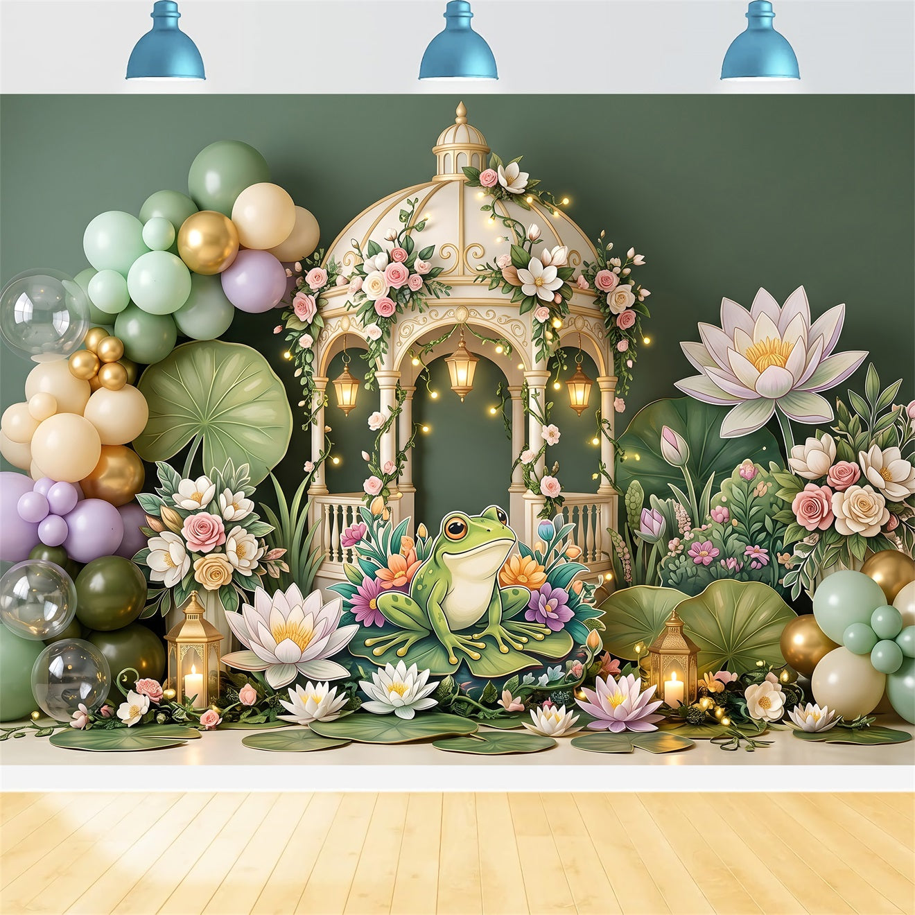Baby Fotohintergrund Frosch Seerosenteich Gartenpavillon Kinder Party Kulisse CEM65-59