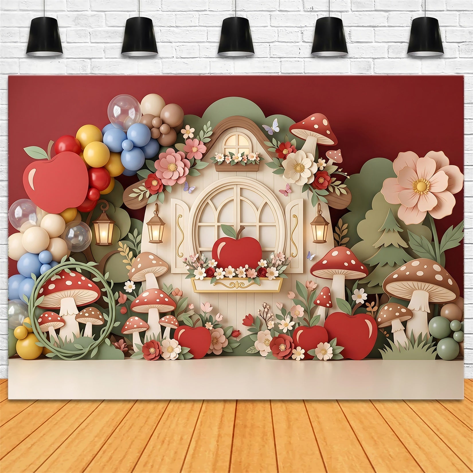 Baby Fotohintergrund Apfel Pilzhütte Ballongarten Kinder Kulisse CEM65-61