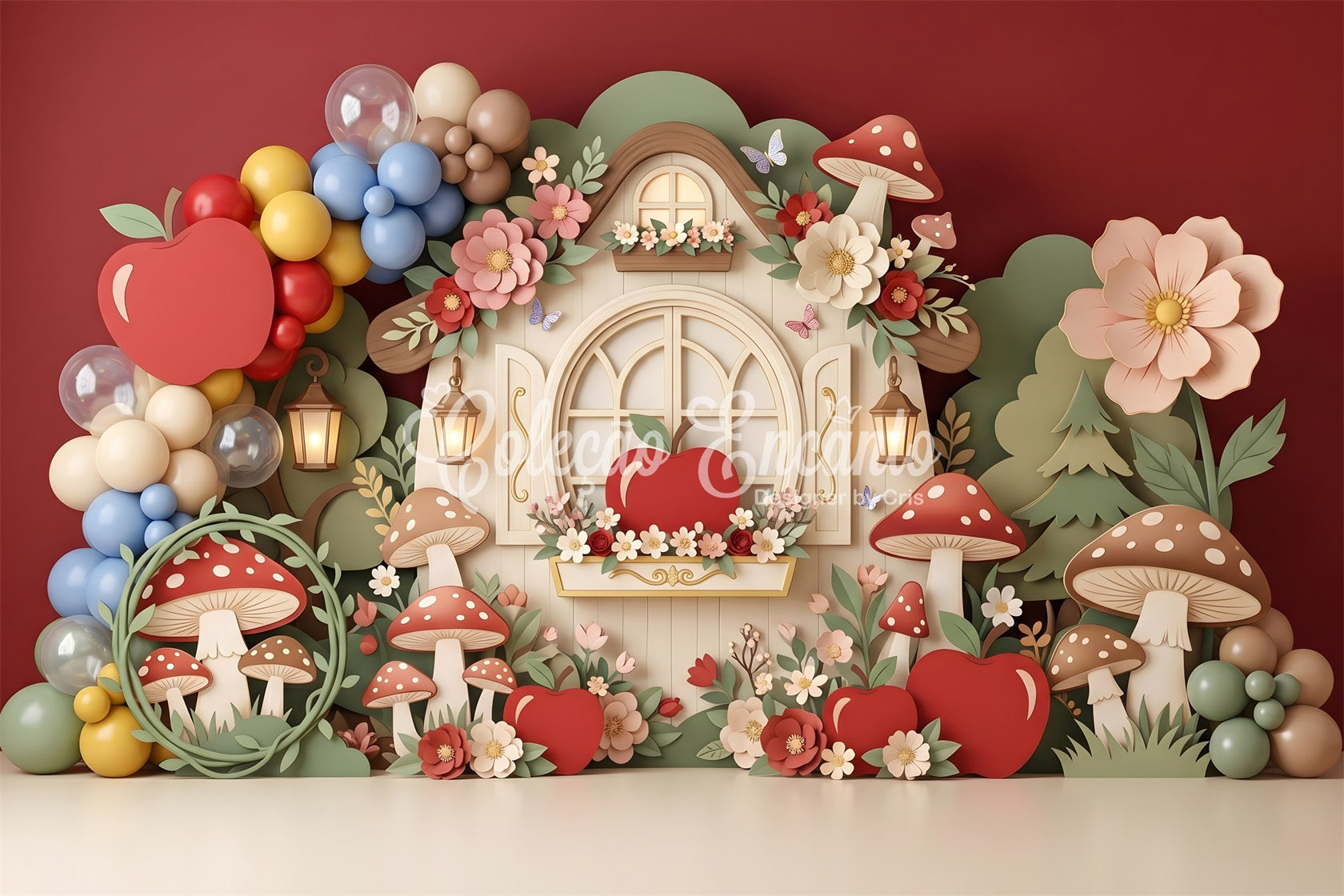 Baby Fotohintergrund Apfel Pilzhütte Ballongarten Kinder Kulisse CEM65-61