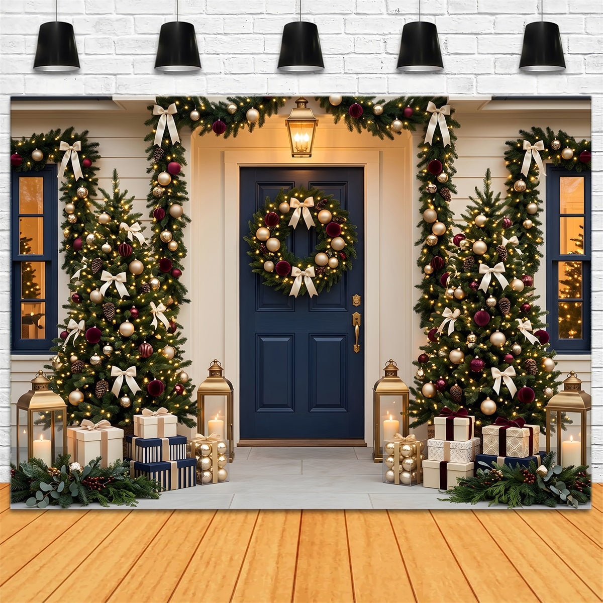 Weihnachten Fotohintergrund Dunkelblaue Tür Girlande Veranda Tannenbaum CEM65-70