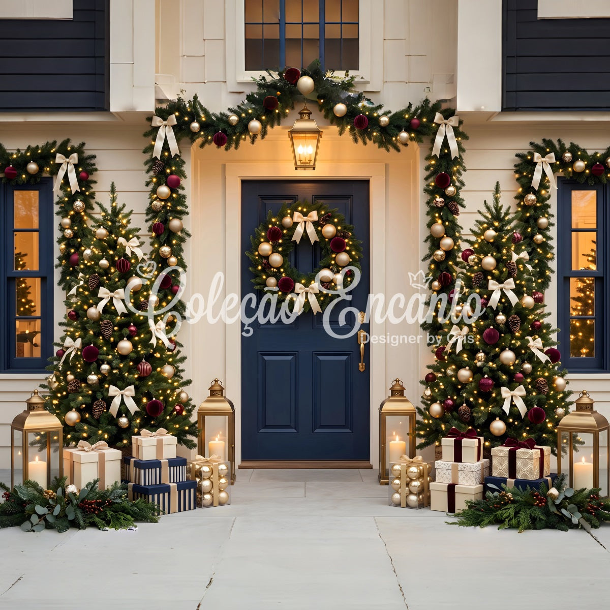 Weihnachten Fotohintergrund Dunkelblaue Tür Girlande Veranda Tannenbaum CEM65-70