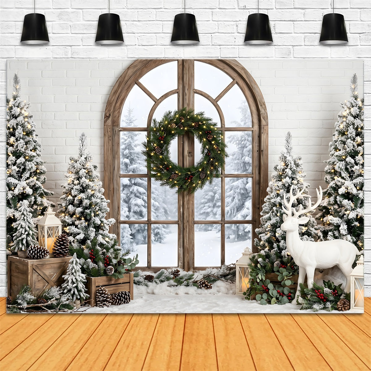 Weihnachten Fotohintergrund Winterfenster Kranz Hirsch Fotobox Kulisse CEM65-74