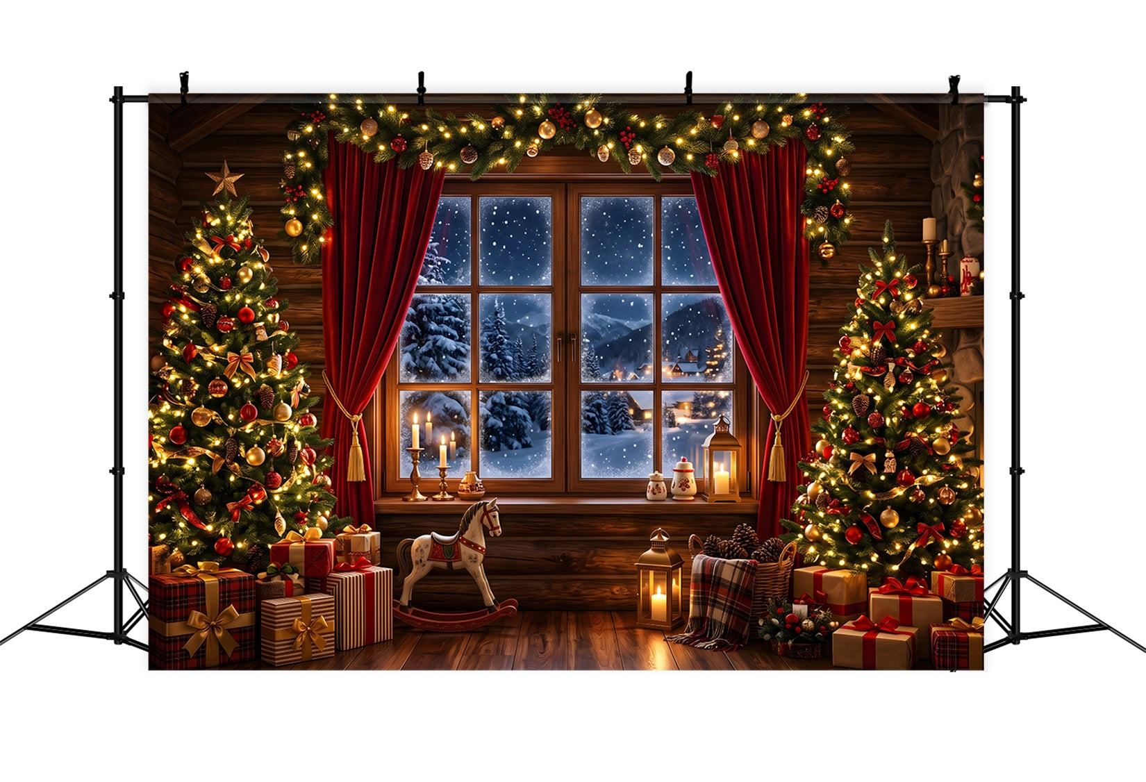 Weihnachten Fotohintergrund Gemütliche Berghütte Schneefenster Tannen CEM65-75