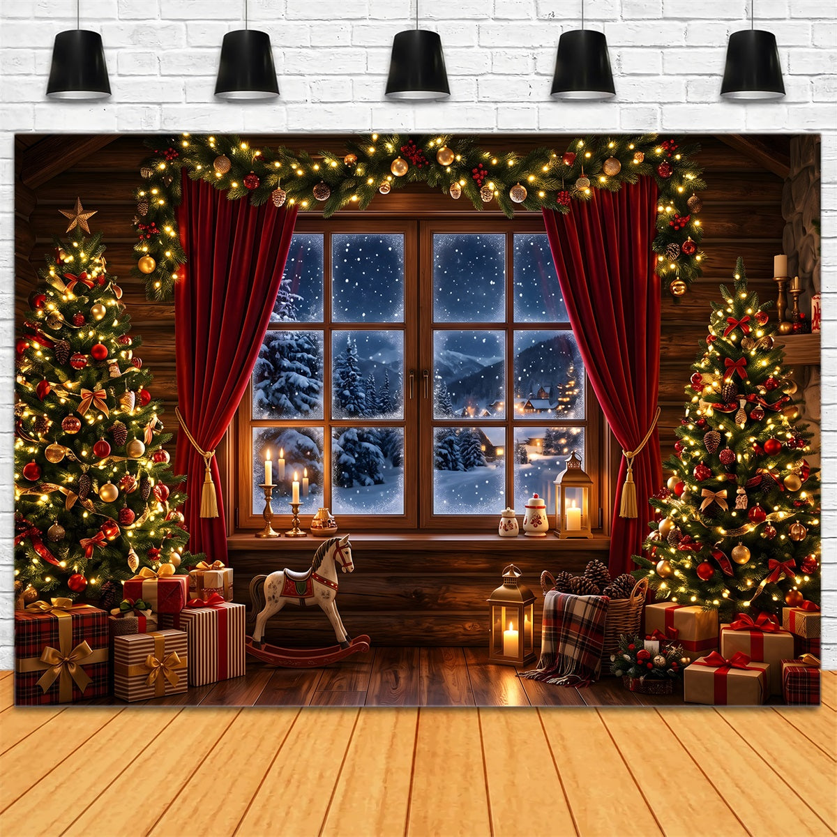 Weihnachten Fotohintergrund Gemütliche Berghütte Schneefenster Tannen CEM65-75