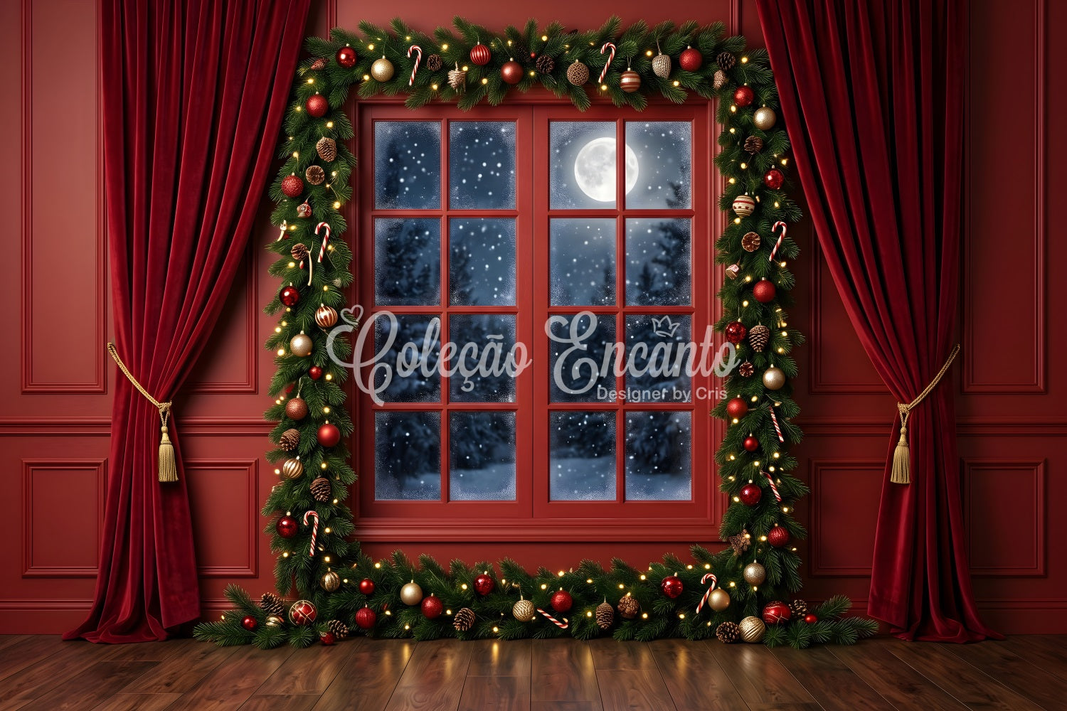 Weihnachten Fotohintergrund Mondlicht Fenster Girlande Winter Kulisse CEM65-77