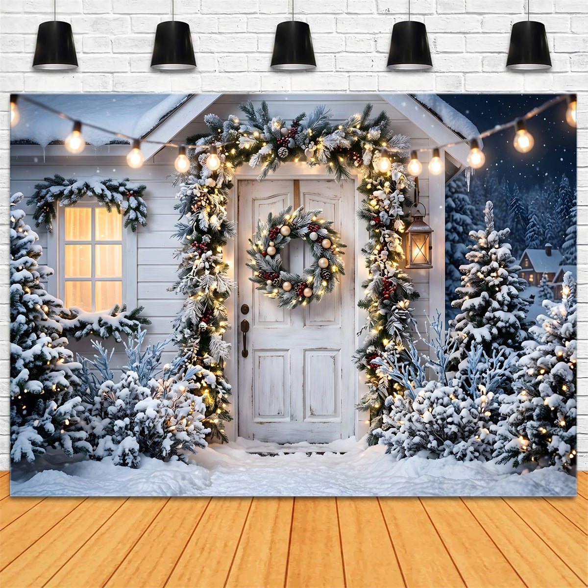 Weihnachten Fotohintergrund Verschneite Veranda Kranz Fotobox Kulisse CEM65-78