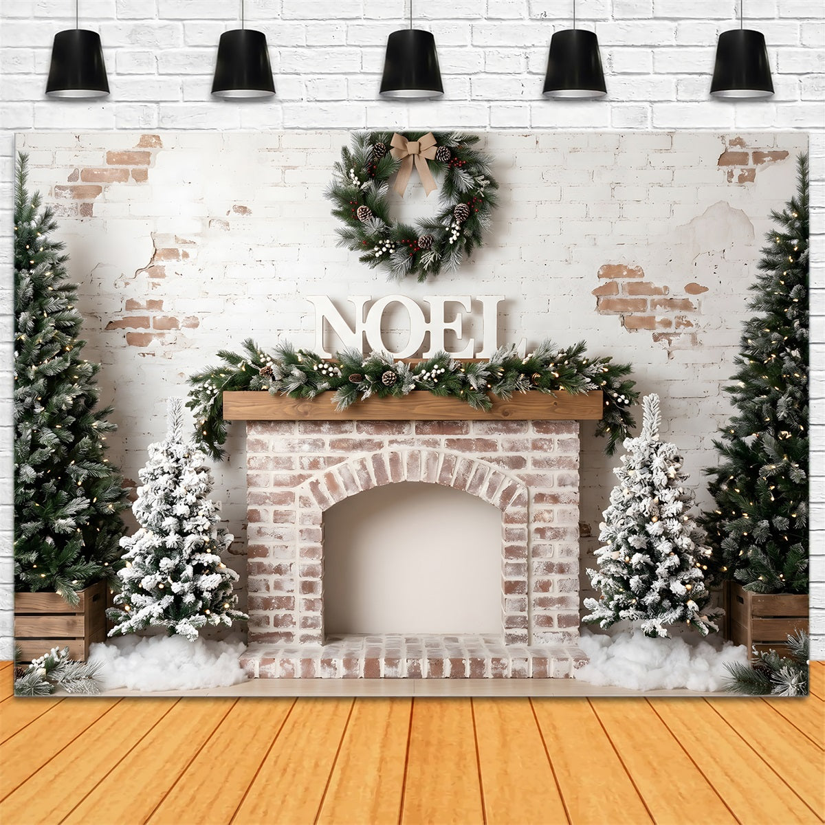 Weihnachts-Fotohintergrund Kamin Ziegelwand Frost Kranz Studio Kulisse CEM65-81