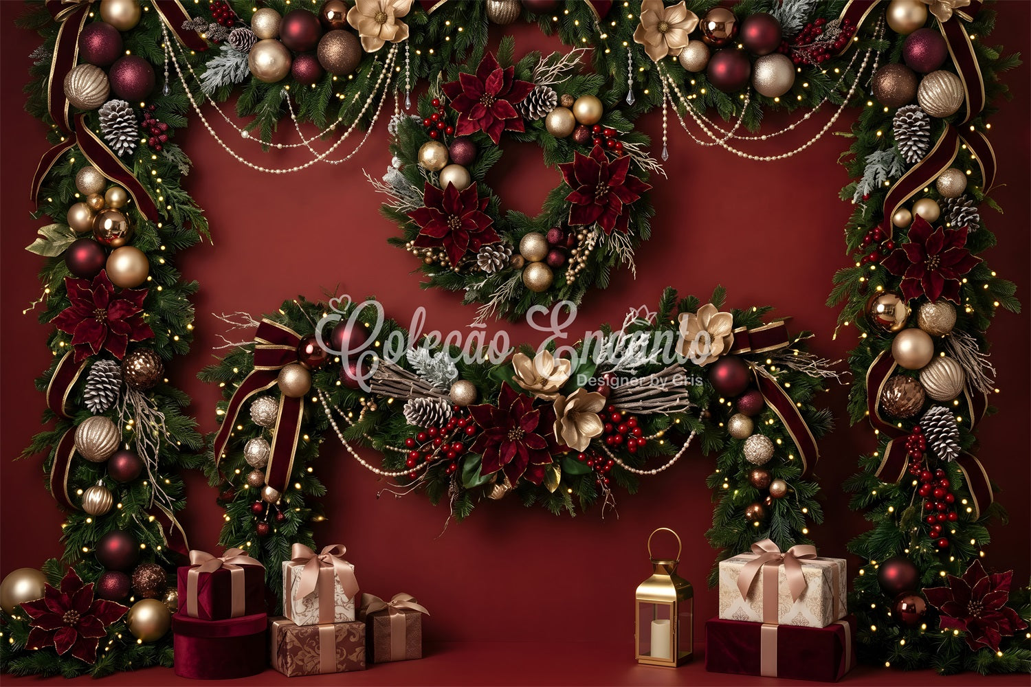 Weihnachts Hintergrund Burgunder Rot Poinsettien Geschenk Girlande Fotohintergrund CEM65-82
