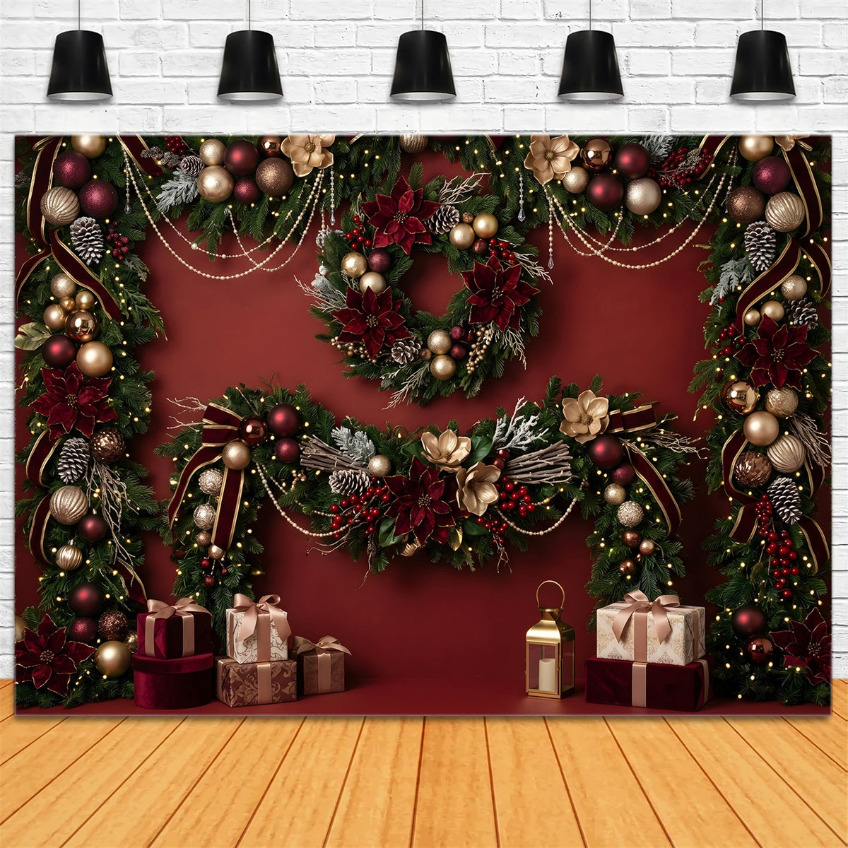 Weihnachts Hintergrund Burgunder Rot Poinsettien Geschenk Girlande Fotohintergrund CEM65-82