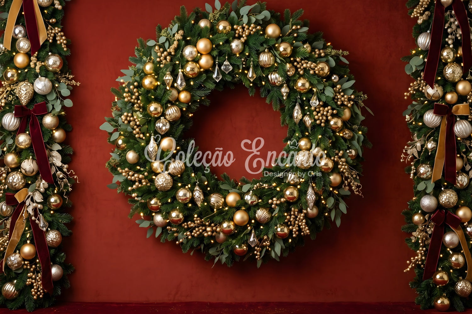 Weihnachts Fotokulisse Goldene Ornament Kranz Girlande Studio Hintergrund Weihnachten CEM65-83