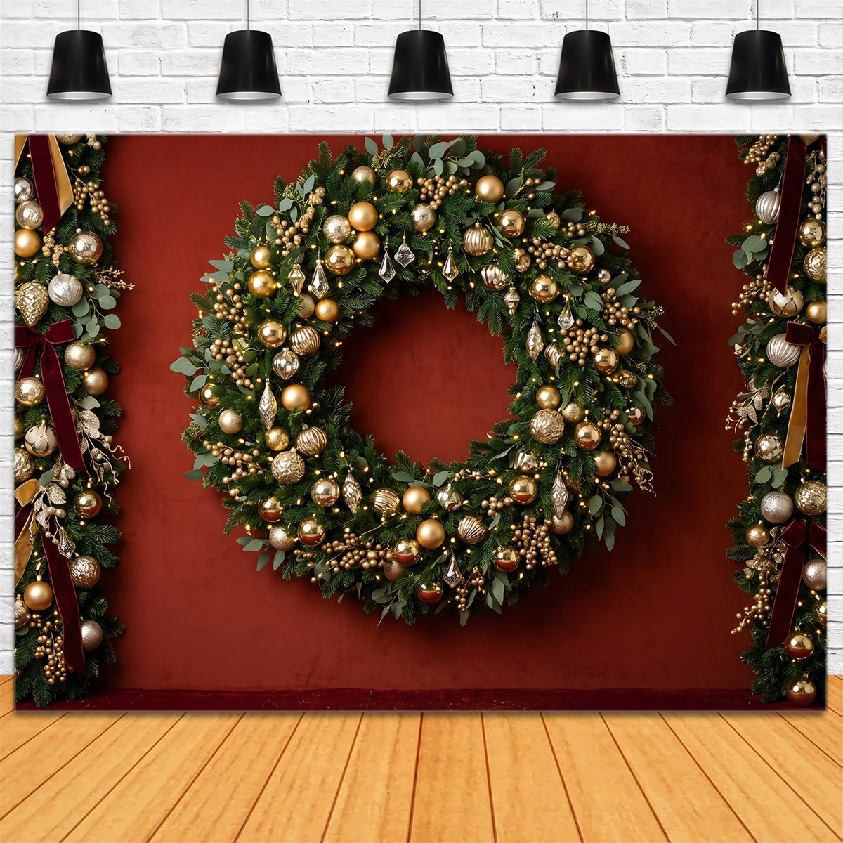 Weihnachts Fotokulisse Goldene Ornament Kranz Girlande Studio Hintergrund Weihnachten CEM65-83