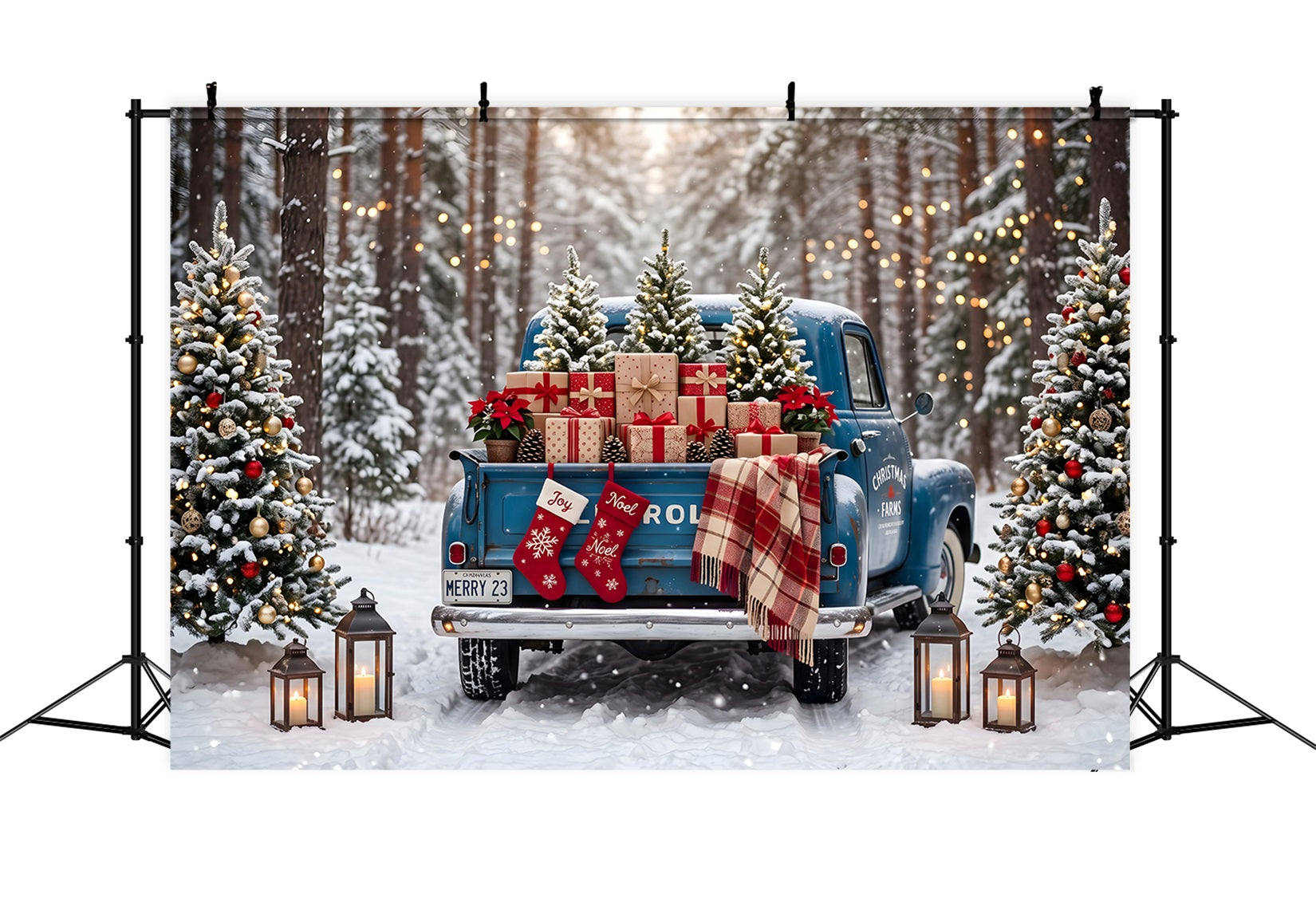 Weihnachts Fotohintergrund Vintage blauer Truck Schnee Wald Kulisse CEM65-84