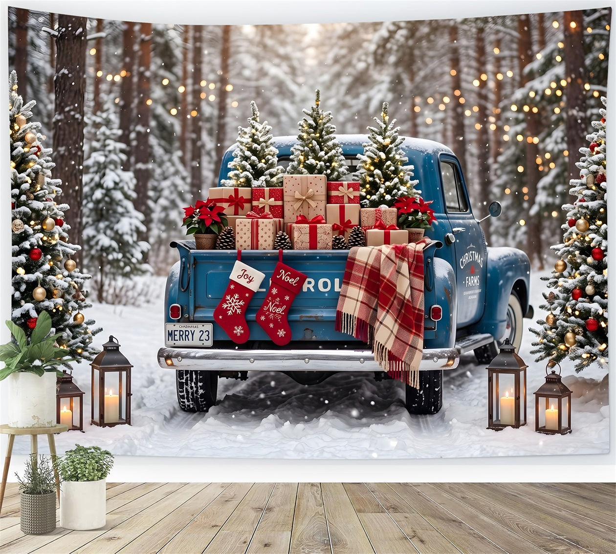 Weihnachts Fotohintergrund Vintage blauer Truck Schnee Wald Kulisse CEM65-84