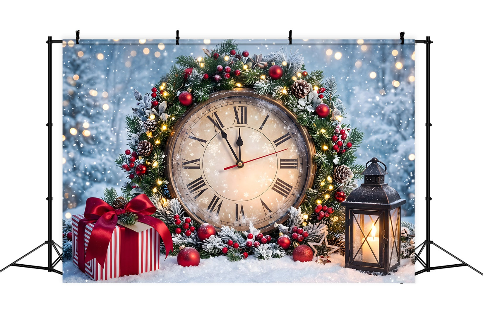 Weihnachts Fotohintergrund Schneenacht Uhr Laternen Kranz Winter Kulisse CEM65-86